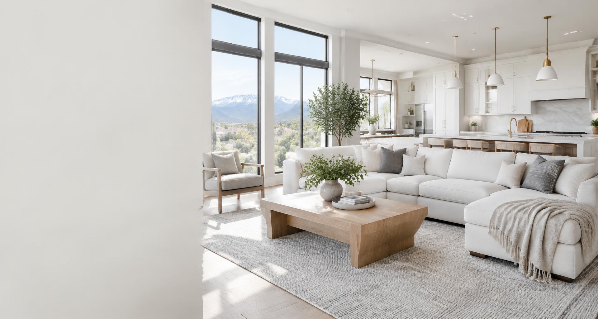 A spotless, sunlit living room with a fresh white sofa and modern kitchen