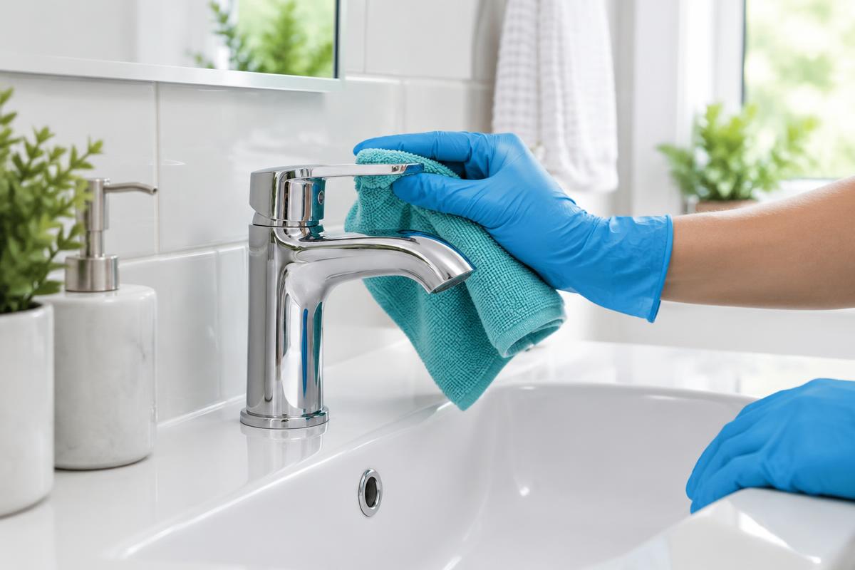 A gloved hand carefully polishing a bathroom faucet