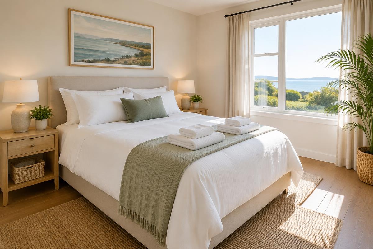 Guest-ready bedroom with crisp linens and folded towels